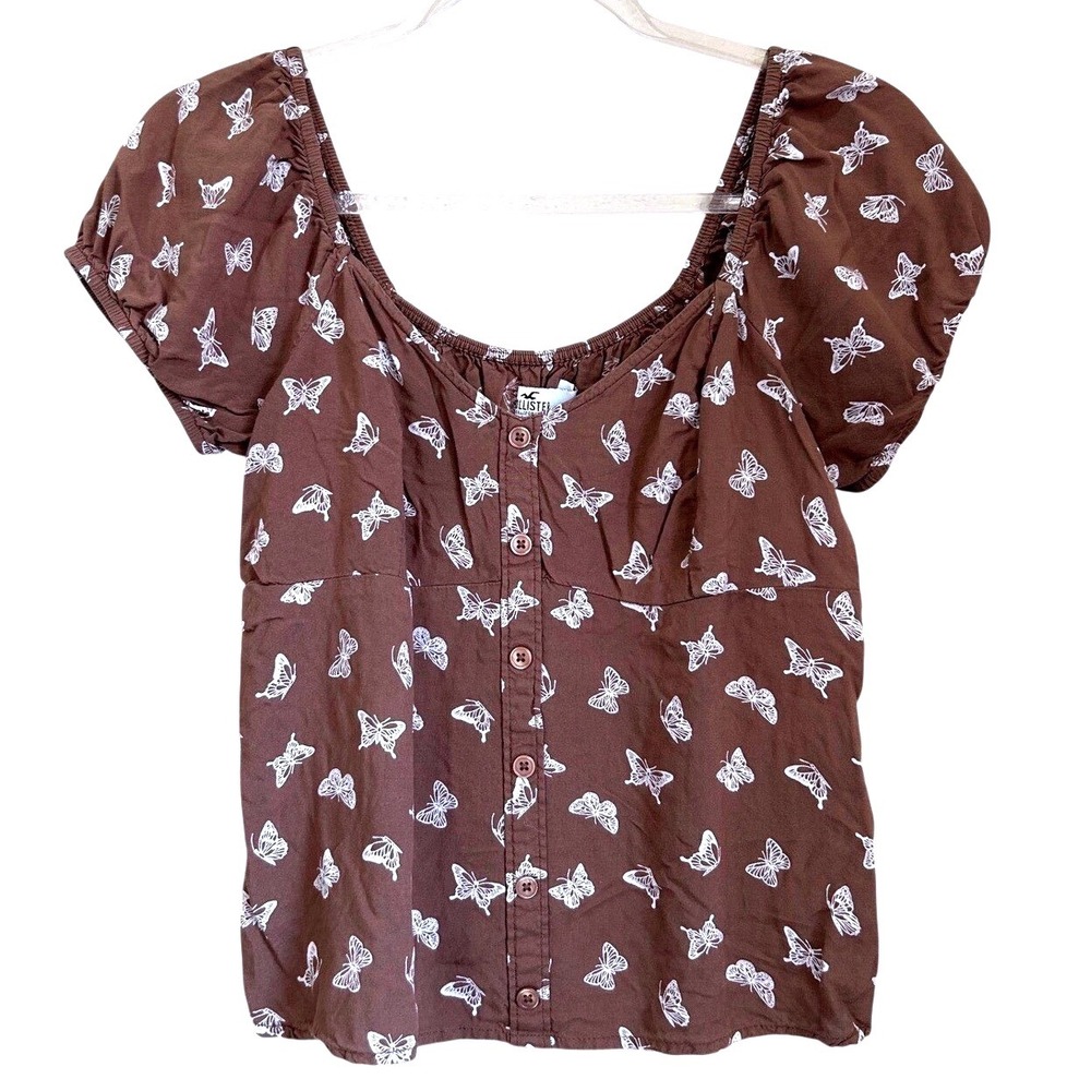 Hollister Brown Butterfly Milkmaid Blouse Short Puff Sleeve Button Medium Fairy